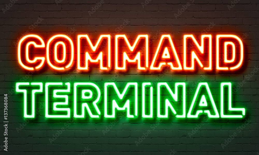 Command terminal neon sign on brick wall background.