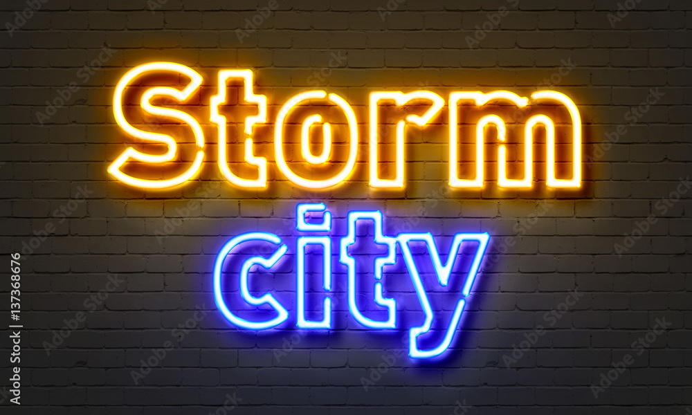 Storm neon sign on brick wall background. Storm neon sign on brick wall background.