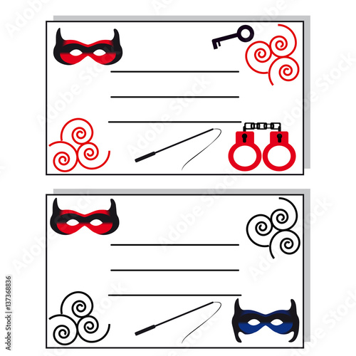 Business card with sexy toys on white background