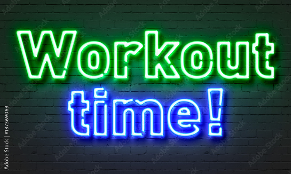 Workout time neon sign on brick wall background. Workout time neon sign on brick wall background.