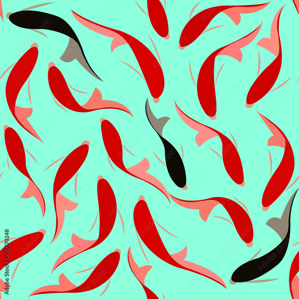 Seamless pattern with fish, red with black carp on a blue background. Seamless pattern with fish, red with black carp on a blue background.