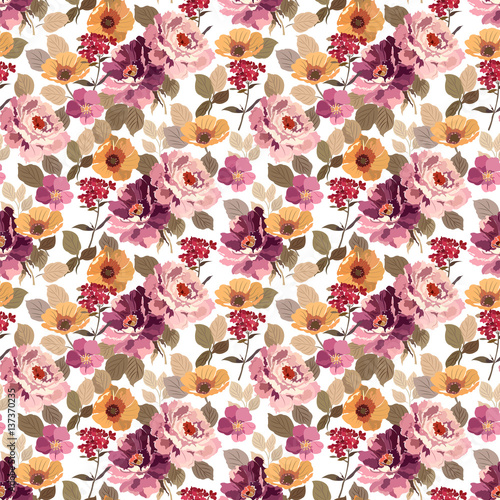 Seamless pattern with colorful summer flowers and foliage, pattern with roses, poppies and other summer flowers.