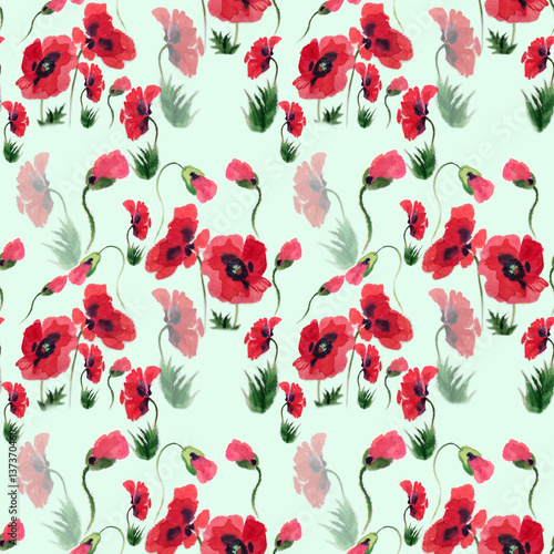 Poppies - flowers  leaves and buds. Drawing on rice paper. Seamless pattern. Perfumery and cosmetic plants. Wallpaper. Use printed materials  signs  posters  postcards  packaging. Watercolor.