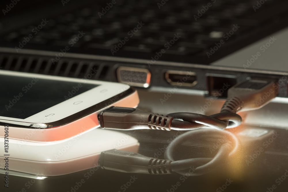 Connecting smartphone and laptop with USB cable Connecting smartphone and laptop with USB cable