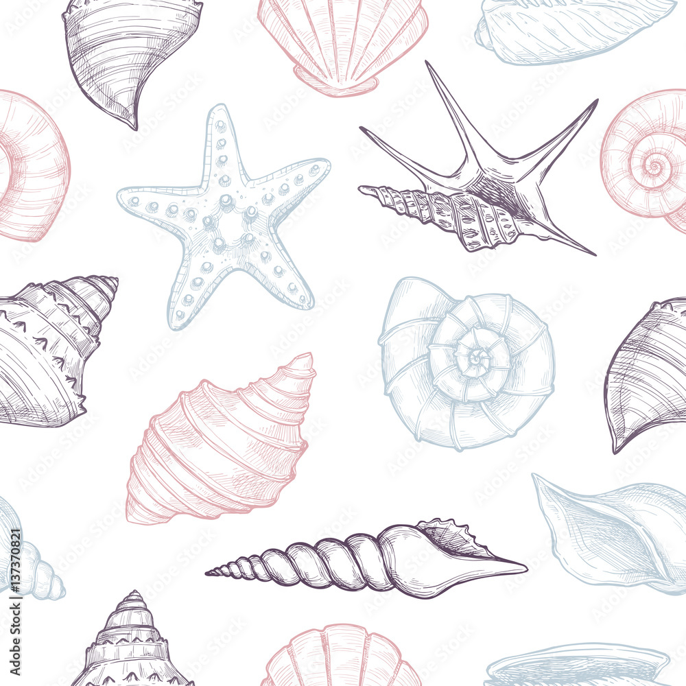Hand drawn vector illustrations - seamless pattern of seashells.  Marine background. Perfect for invitations, greeting cards, posters, prints, banners, flyers etc