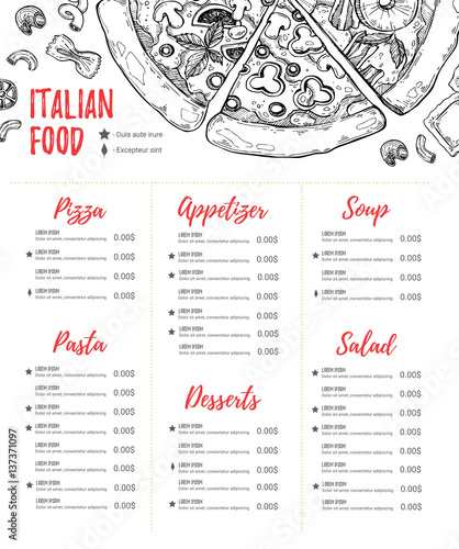 Hand drawn vector illustration - Italian menu. Pasta and Pizza. Perfect for restaurant brochure, cafe flyer, delivery menu. Design template with illustrations in sketch style.