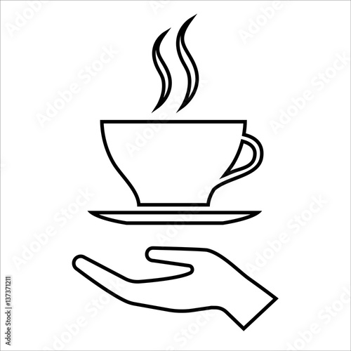 Hand with cup of coffee or tea line icon. Offer of hot beverage. Vector Illustration