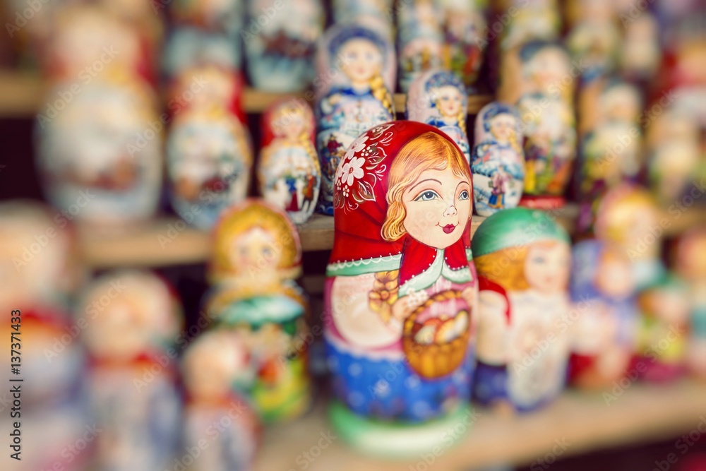 Naklejka premium Very large selection of matryoshkas Russian souvenirs at the gift shop on June 04, 2014 in Moscow. Nesting dolls are the most popular souvenirs from Russia