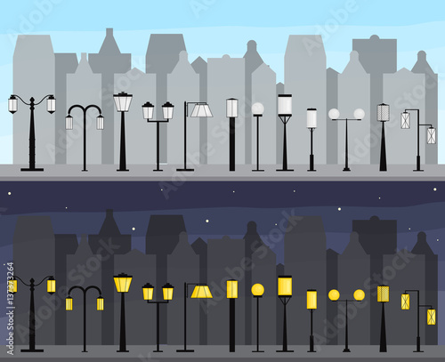 Set of streetlights. Illumination of the town.