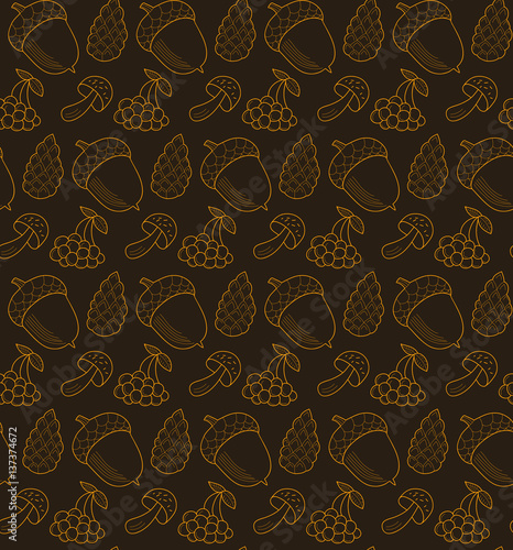 Vector seamless pattern with cones, mushrooms, berries and acorns. Autumn forest items background.