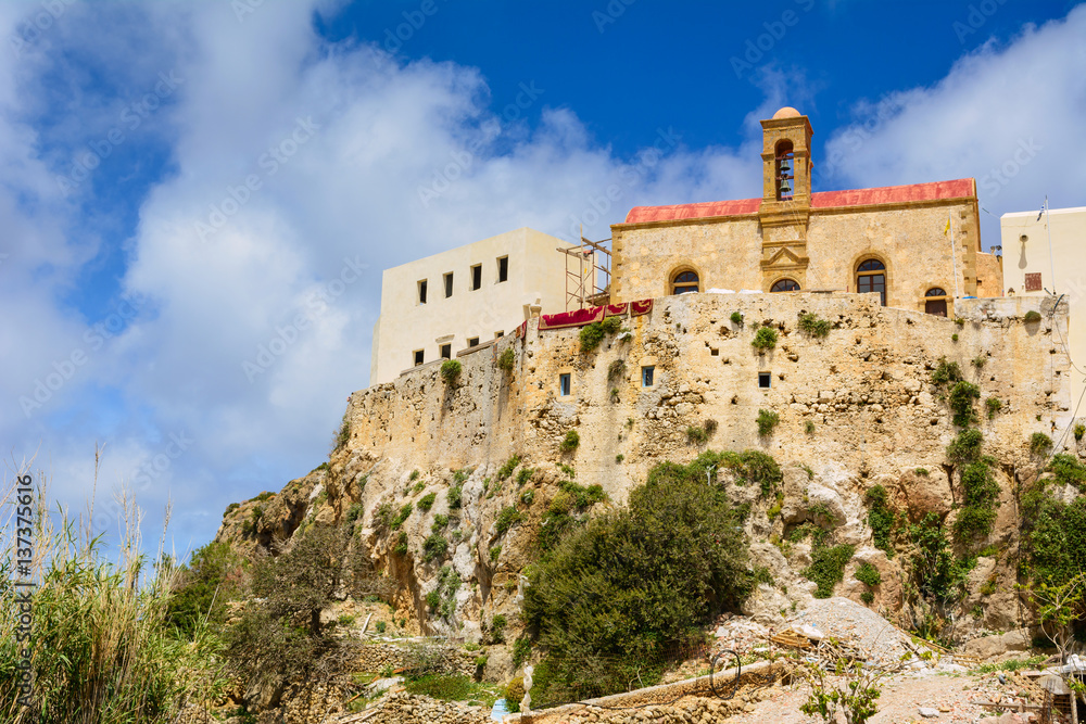 Chrisoskalitissa Monastery or Panagia Chryssoskalitissa, an Orthodox Christian monastery built on a rocky hill and located on the southwest coast of Crete, Greece.