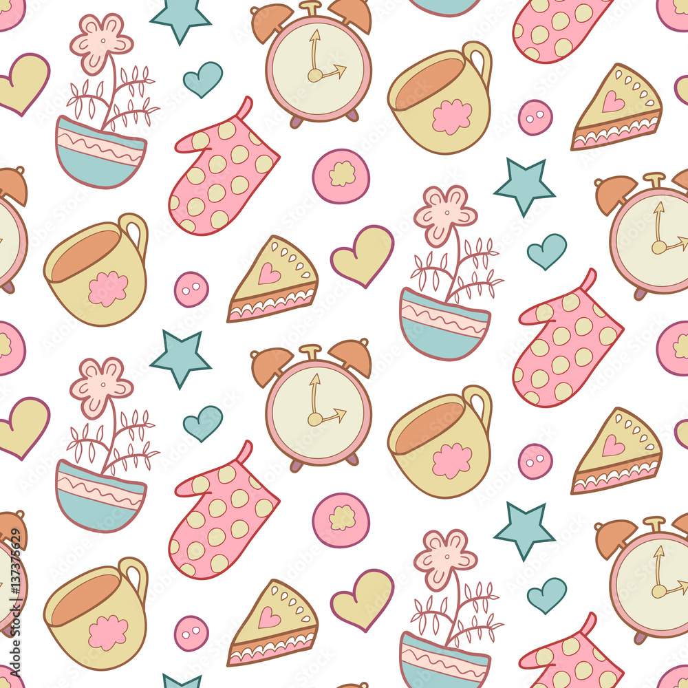 Cute morning vector seamless pattern with star, flower, potholder, pie, cup etc. Kitchen background. Sweet home elements