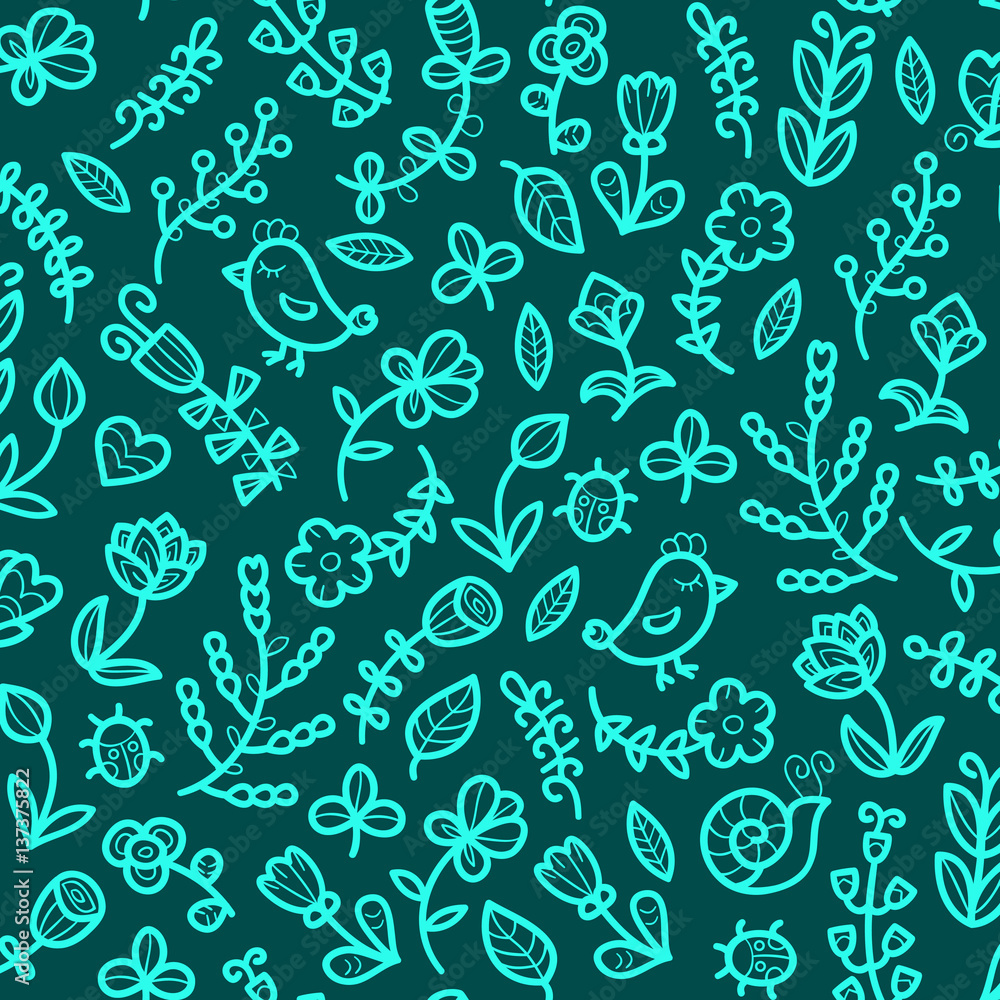 Spring seamless pattern in vector with flower, bird, snail, butterfly, ladybug, leaf, heart. Floral background. Spring seamless pattern in vector with flower, bird, snail, butterfly, ladybug, leaf, heart. Floral background.