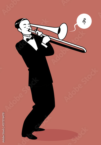 Retro cartoon music. Trombone player playing a song. Musical note