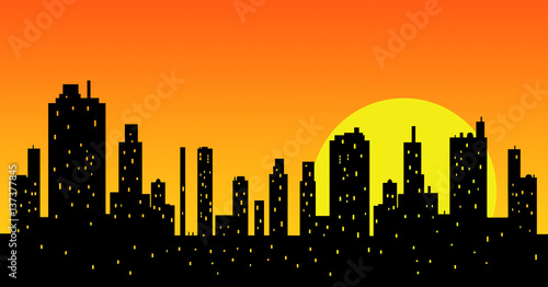 Silhouette of modern city skyscrapers skyline at sunset
