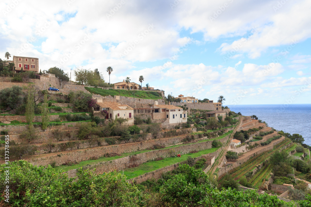 Town Banyalbufar mountain panorama and Mediterranean Sea on Majorca, Spain