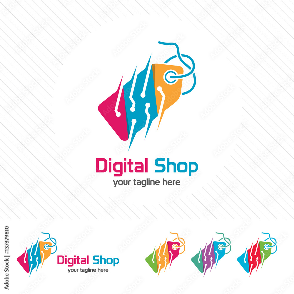 Price tag logo design with technology element vector icon , shopping electronic goods illustration for online shop transaction.