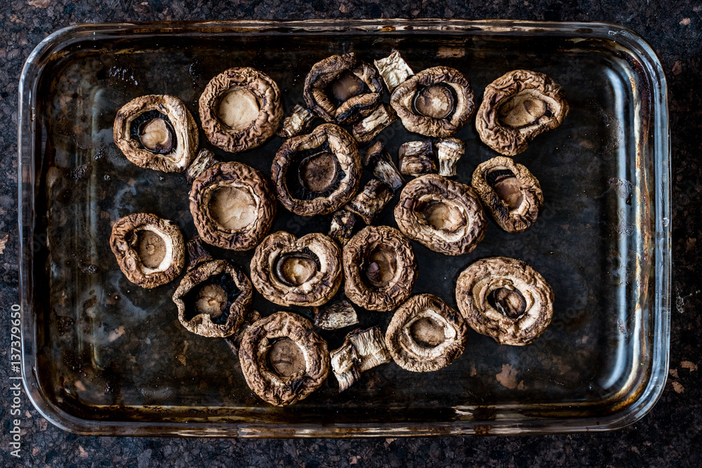 Baked Mushrooms in glass bowl. (scary food) Baked Mushrooms in glass bowl. (scary food)