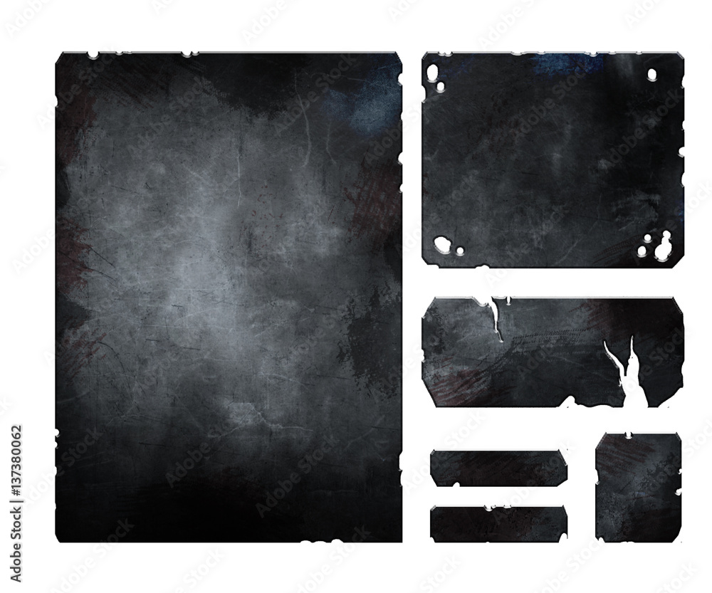 Obraz premium Set of realistic damaged, rusted metal user fantasy game interface elements, buttons menus and windows