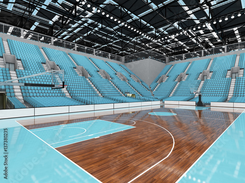 Beautiful sports arena for basketball with sky blue seats and VIP boxes