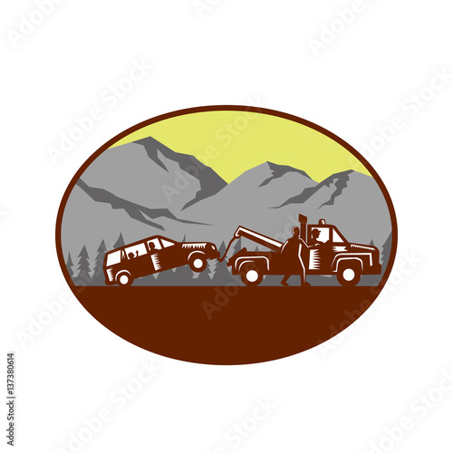 Car being towed Away Mountains Oval Woodcut