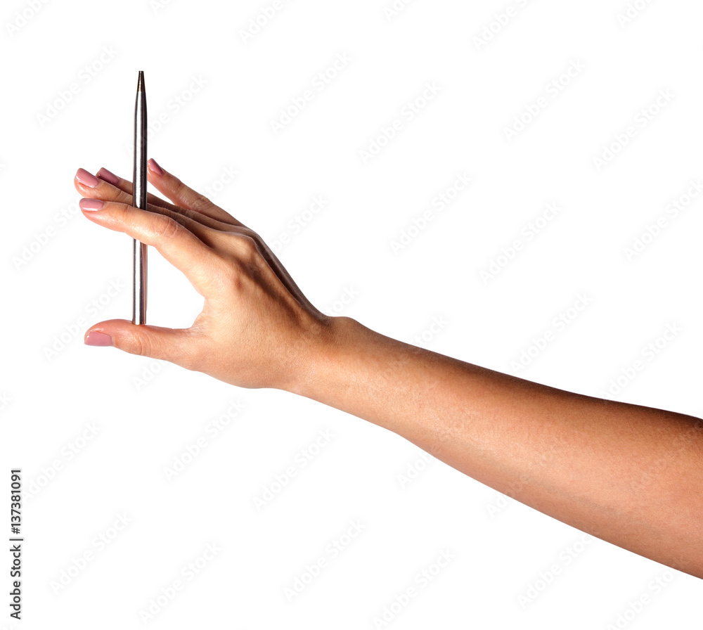 Female hand holding a pen as a pointer on a white background Female hand holding a pen as a pointer on a white background