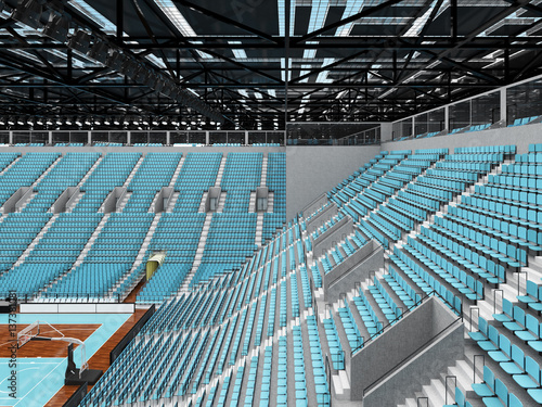 Beautiful sports arena for basketball with sky blue seats and VIP boxes