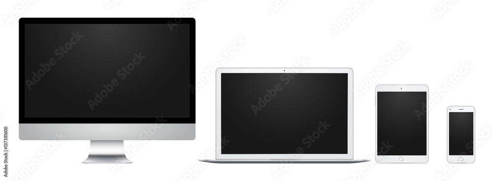 White computer display, laptop, pad and phone with blank screen, for design, presentation, web, mobile. White computer display, laptop, pad and phone with blank screen, for design, presentation, web, mobile.