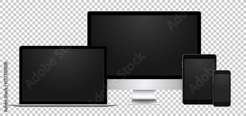 Realistic set of black display, laptop, tablet and phone with empty screen on transparent background.