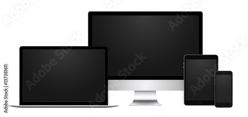 Realistic set of electronic devices, black display, laptop, tablet and phone with empty screen.
