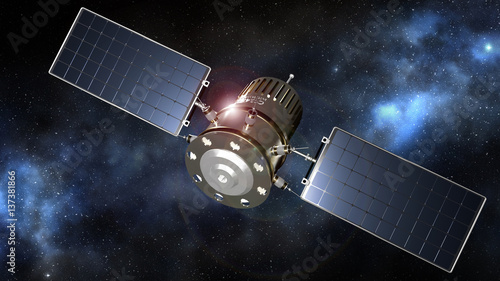 Fototapeta Naklejka Na Ścianę i Meble -  communications satellite in the starry night sky, 3d illustration
