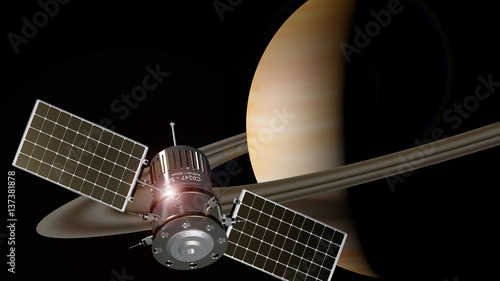 Fototapeta Naklejka Na Ścianę i Meble -  spaceship orbiting the planet saturn, 3d illustration