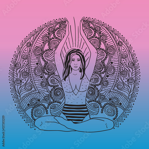 Beautiful girl in the lotus position on the mat for yoga. Vector colored illustration on the mandala background. The design concept of yoga, relax, happiness, meditation