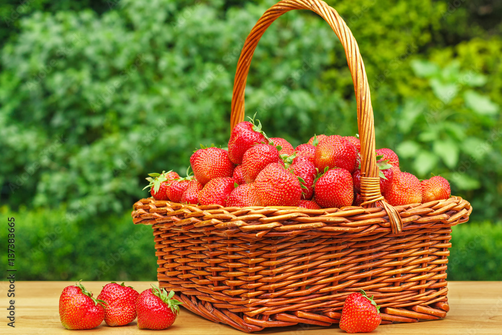 Fresh strawberries in a basket on wooden table in garden Fresh strawberries in a basket on wooden table in garden