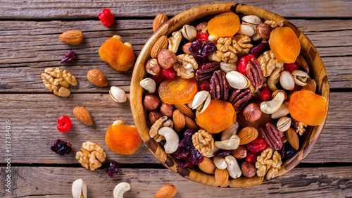 Nuts and dried fruit mix. Concept of Healthy Food. Vintage wooden background. Copy space for Text. selective focus