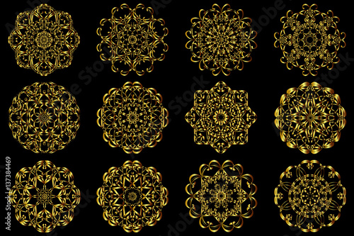 Set gold circular pattern Kaleidoscope. East ornament. Mandala. Good for greeting cards, invitations. Print on fabric and paper.