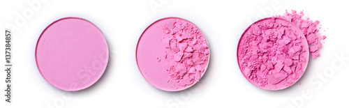 Round pink crashed blusher for makeup as sample of cosmetic product