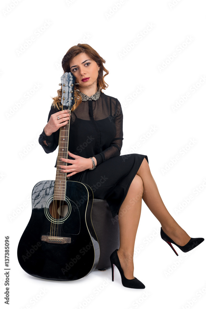 Portrait of a young business woman with guita isolated on white background Portrait of a young business woman with guita isolated on white background