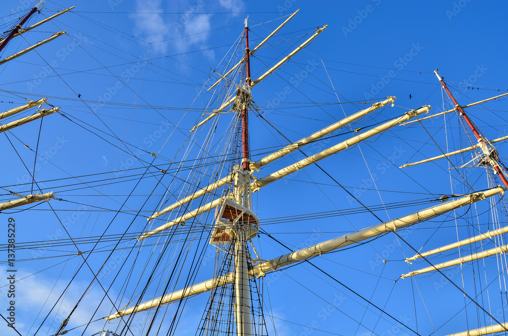  Tall Sailing Ship, Closeup Detail of Mast, Sails