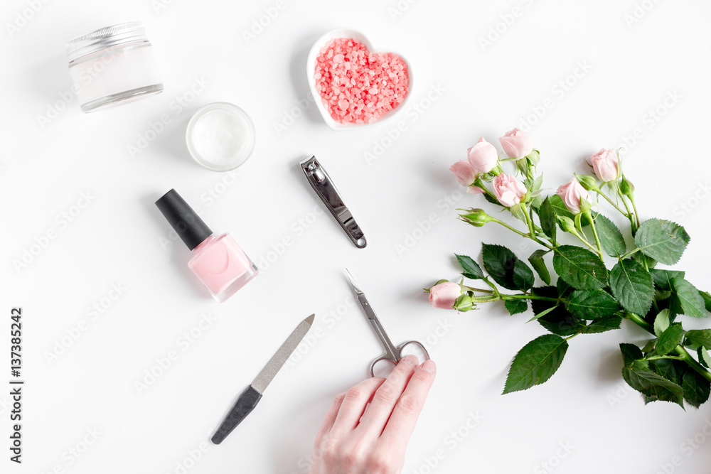 salt and cream for nail care in spa top view salt and cream for nail care in spa top view