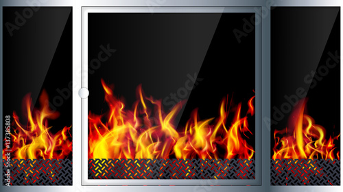 Modern realistic Hi-tech fireplace made of modern materials with a burning flame inside. Realistic flames and sparks.3D effect. Vector illustration.