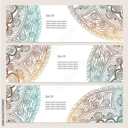 Beautiful Indian floral ornament. Henna tattoo style banners could be used as greeting card, business card, phone case print