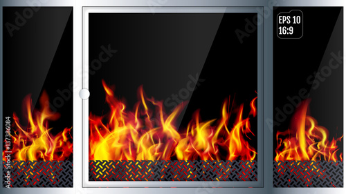 Modern realistic Hi-tech fireplace made of modern materials with a burning flame inside. Realistic flames and sparks.3D effect. Vector illustration.