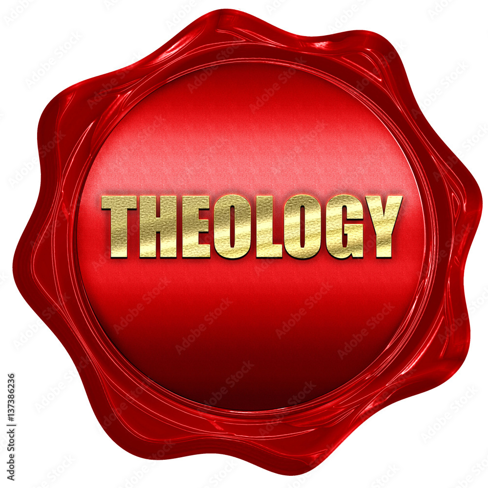 theology, 3D rendering, red wax stamp with text theology, 3D rendering, red wax stamp with text