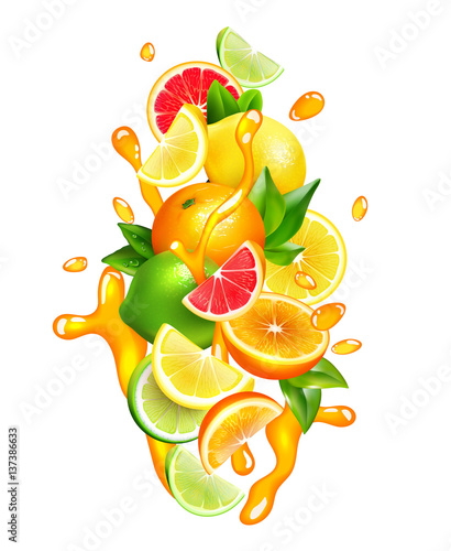 Citrus Fruits Juice  Drops Colorful Composition