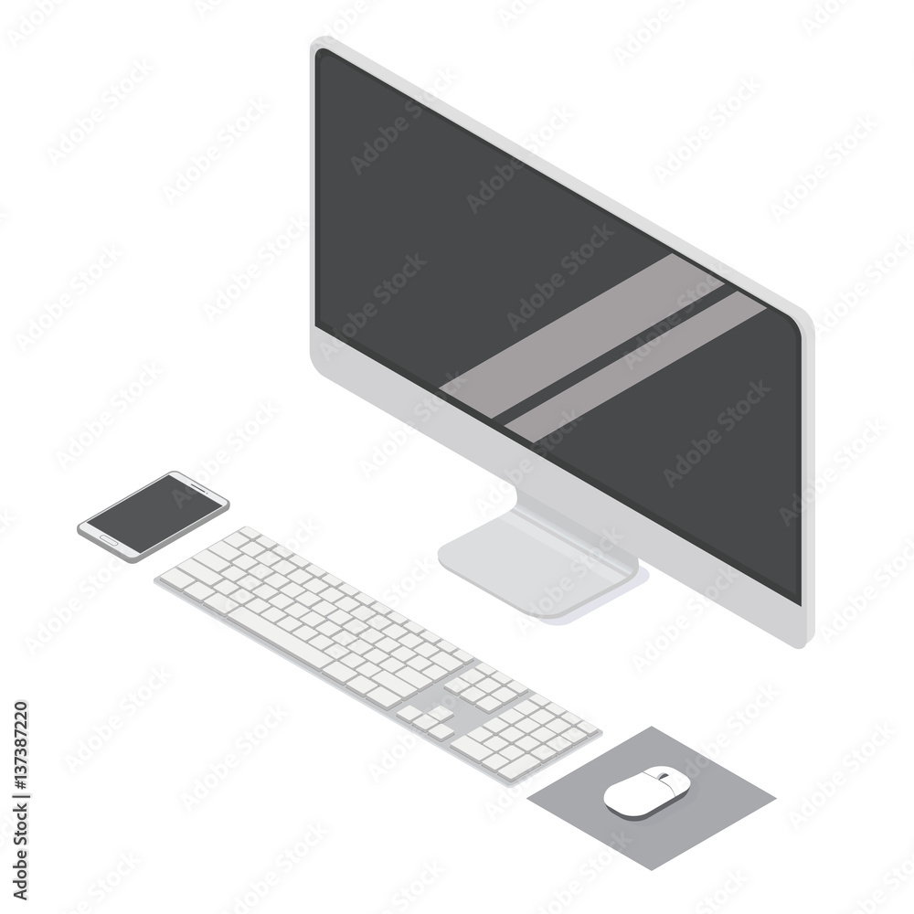 Fototapeta premium Modern flat computer desktop isometric vector illustration for info graphic design. Display / Keyboard / Mouse / Smartphone