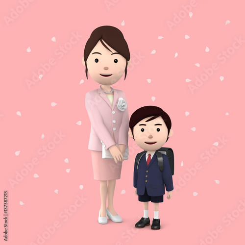小学校 入学式 母と男の子 桜ピンク03