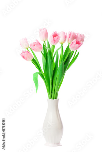 Beautiful Pink tulips flowers in vase isolated on white background.