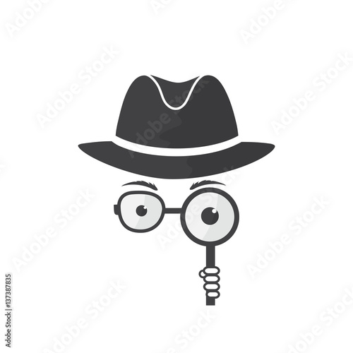 Unknown man in hat, glasses and a magnifying glass in hand. Inspector. Detective icon