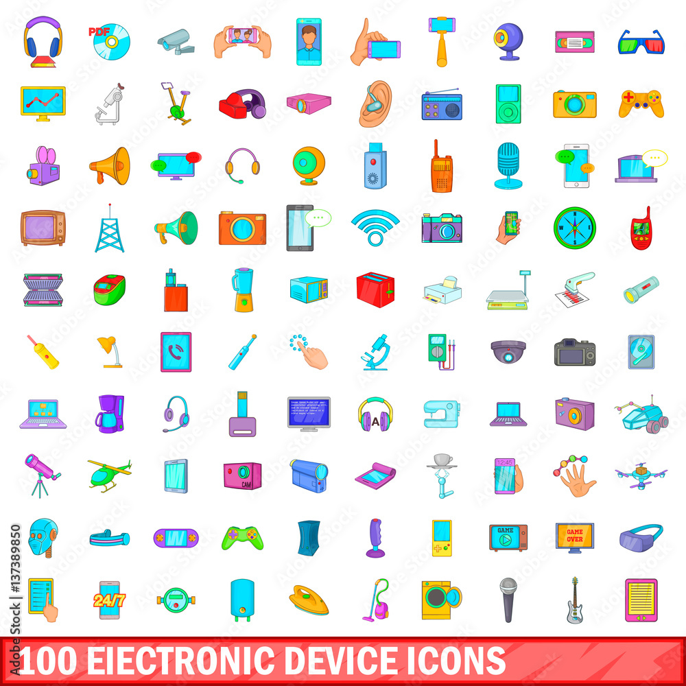 100 electronic device icons set, cartoon style 100 electronic device icons set, cartoon style